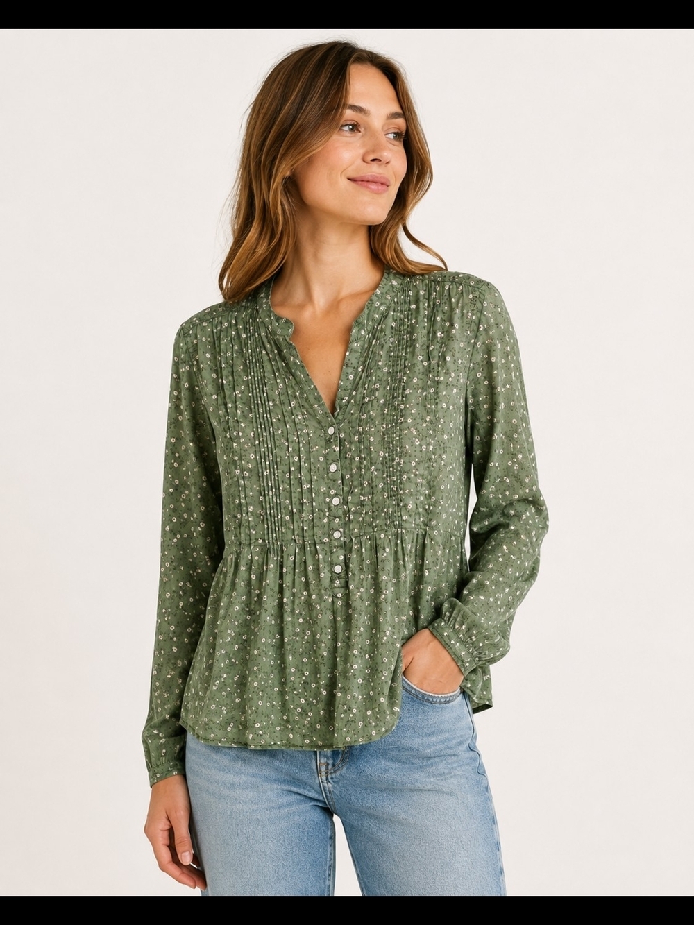 Pintuck Button-Front Peplum Blouse in Olive Green